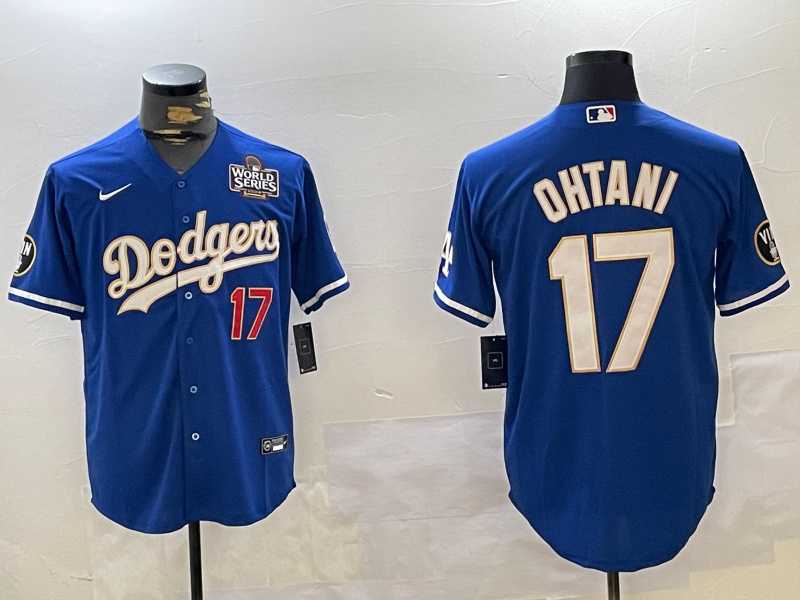 Mens Los Angeles Dodgers #17 Shohei Ohtani 2024 World Series Champions Cool Base Stitched Baseball Jersey